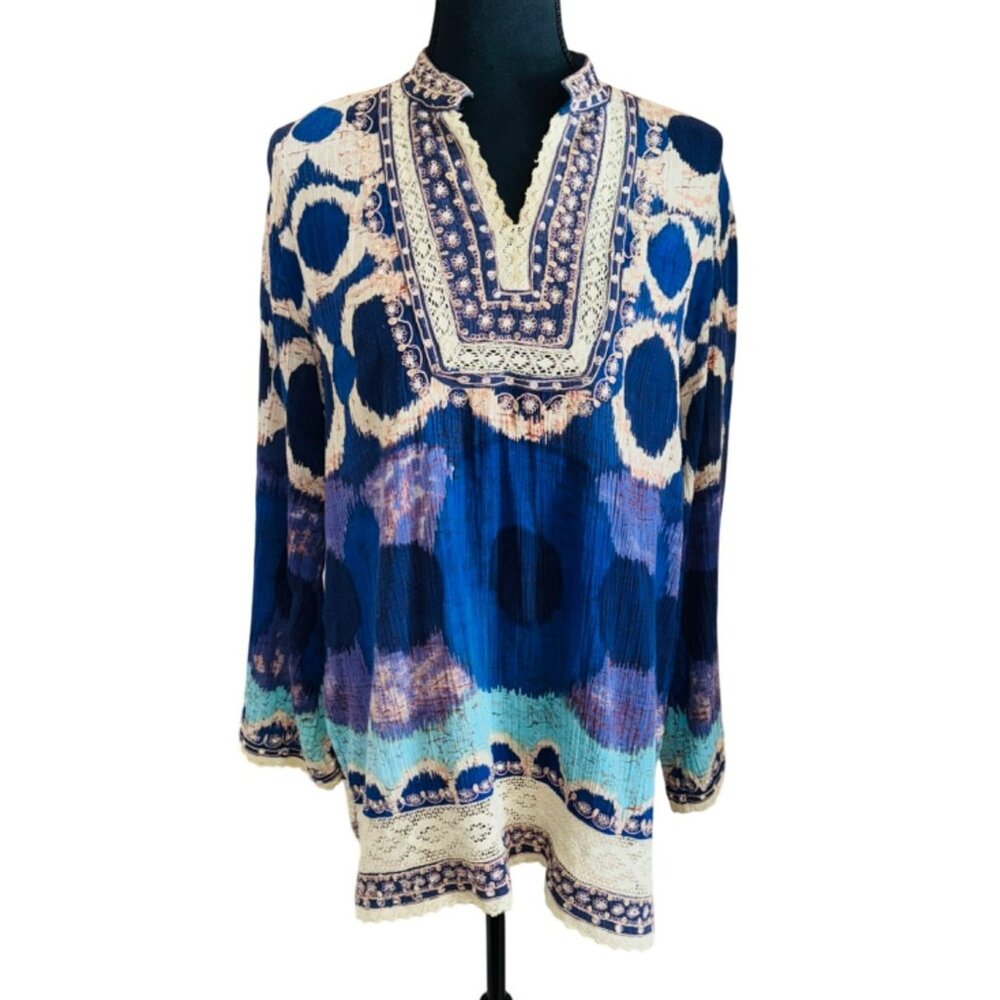 Life Style Boho Embroidery Long Tunic Top Lace Blue Beige Organic Cotton L Artsy